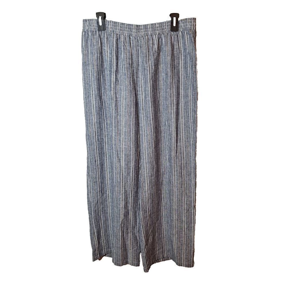 Linda Anderson Womens Size L Cropped Pant Linen Blend Wide Leg Blue Stripe NEW